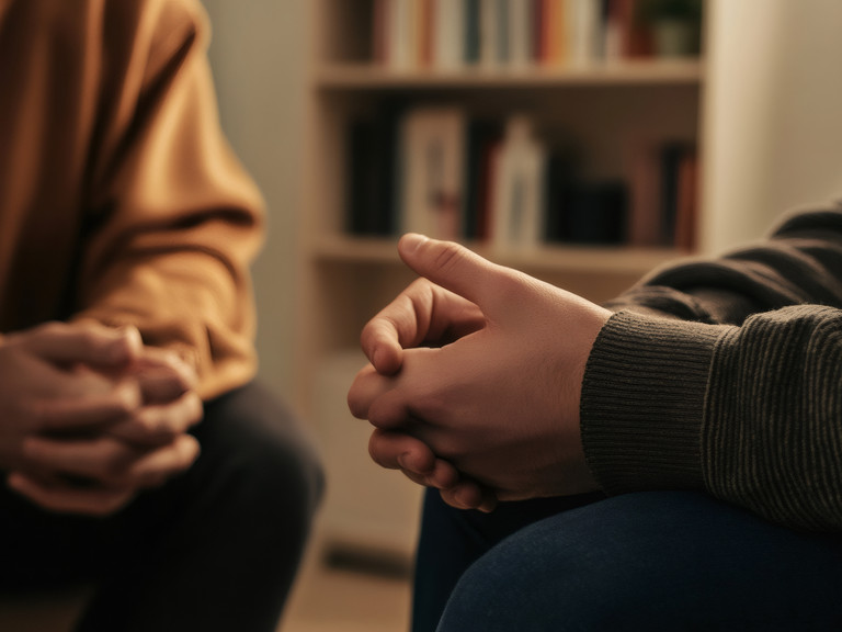 Zwie Personen sitzen mit gefalteten Händen voreinander